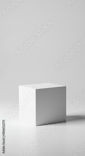 A pure white geometric cube resting centrally on an expansive blank white background emphasizing extreme simplicity and reduction ,element ,purity ,smooth