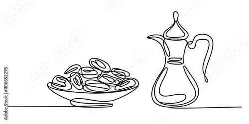 Minimalist continuous line art drawing of a bowl filled with sweet dates beside a traditional arabic coffee pot, perfect for cultural themes. Vector, illustration