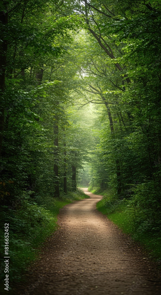 Fototapeta premium A serene, winding dirt pathway disappearing deep into a lush green forest, with dappled sunlight filtering down through the heavy tree canopy ,wilderness ,trail ,solitude