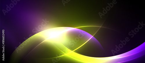 Abstract design features vibrant curves, luminous glow, purple, yellow hues. Dynamic composition creates energy, visual impact.