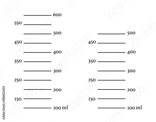 Set of scales 500, 600 ml liquid volume. Graphic minimalist black templates isolated on white background. Measuring milliliters cup, jug to preparing cooking pattern.