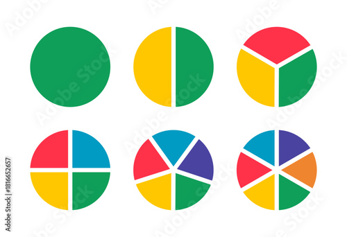 Donut charts icons segmented on from 1 to 6 equal parts. Wheels divided in sections. Diagrams infographic multicoloured. Circle section graph. Pie, pizza chart round icons. Loading bar flat templates.