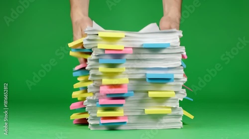 Green Screen Stack Papers Sticky Notes Hands Moving Office Concept
