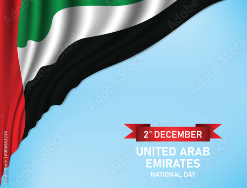 United Arab Emirates happy national day greeting card on blue background. UAE holiday 2nd of December design element with soft waves flag.