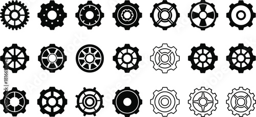 Gear icon set—20 unique mechanical silhouettes with varied teeth, spokes, and inner patterns