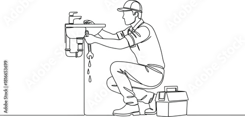 Plumber fixing sink illustration—kneeling posture, wrench, toolbox, and dripping pipePlumber fixing sink illustration—kneeling posture, wrench, toolbox, and dripping pipe