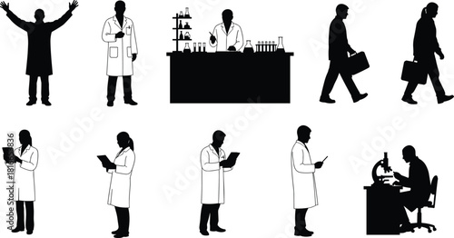 Scientist professional silhouette set, lab coat icon, clipboard pose, microscope usage, briefcase figure, research activity, black graphic, career diversity