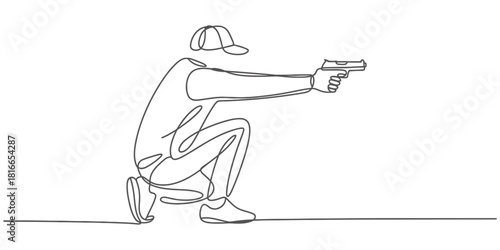 One continuous line art drawing of a person crouching and aiming a handgun, a minimalist sketch depicting focus, precision, and security concept. Vector, illustration