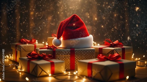 Santa Hat and Christmas Gift Stack Decoration
