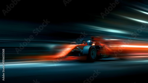 High speed formula race car creating vibrant light trails with motion blur.