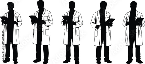 Scientist silhouette set, lab coat icon, clipboard pose, medical professional, research activity, black white figure, science team, analysis stance