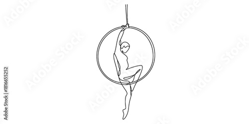 Continuous line drawing of a graceful female aerialist performing an elegant pose on a lyra hoop, symbolizing strength, flexibility, and artistry in movement. Vector, illustration
