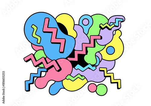 Playful abstract doodle concept featuring colorful organic shapes, zig-zag lines, and geometric elements in a retro Memphis design style