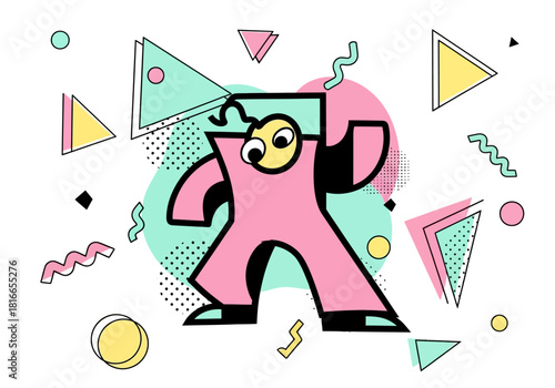Playful pink character dancing among abstract retro geometric shapes in a fun Memphis design style illustration