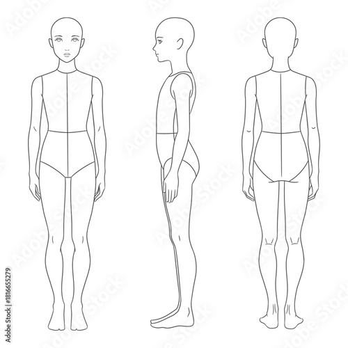 Children's fashion design template featuring a girl croquis in front, side, and back views. Clean line art illustration perfect for kids clothing designers, children's fashion sketching,
