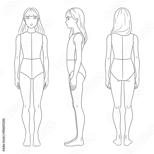 Children's fashion design template featuring a girl croquis in front, side, and back views. Clean line art illustration perfect for kids' clothing designers, children's fashion sketching,
