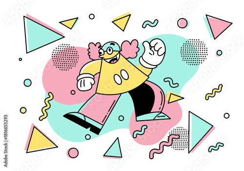 Playful cartoon character dancing amidst a vibrant backdrop of retro 80s and 90s Memphis style geometric shapes and patterns
