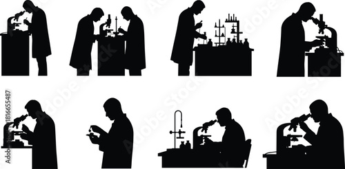 Scientist silhouette set, lab coat icon, microscope usage, test tube pose, research activity, black graphic, laboratory teamwork, experiment scene