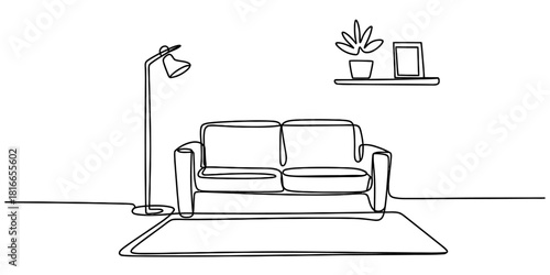 Continuous line art illustration of a minimalist living room interior design with a sofa, lamp, rug, plant, and picture frame. Vector, illustration