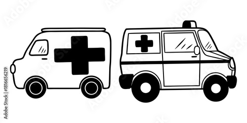Two ambulance vehicles illustrated in black and white with medical cross symbols and simple line art style