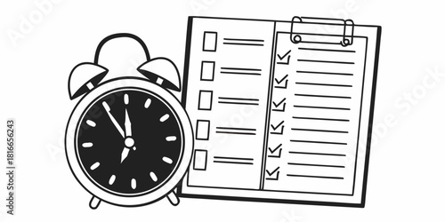 Alarm clock showing almost noon beside a checklist with items marked as completed on a clipboard page