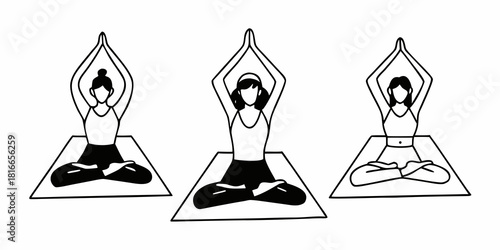 Three women in yoga positions with hands raised above head in black and white line drawing style art