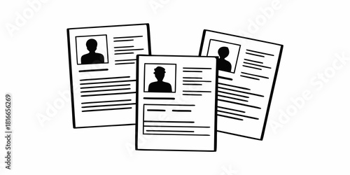 Illustration of three resumes or cv documents with headshots and lines of text in black and white style