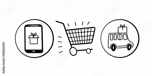 Online shopping process showing order on phone cart and delivery truck in a circular frame design