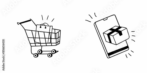 Doodle style illustration showcasing online shopping with a cart and package on a smartphone screen