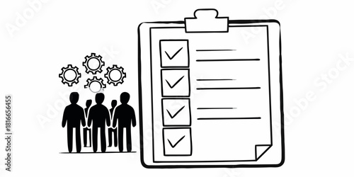 Illustration of a checklist with checkmarks next to a group of people and gears above them