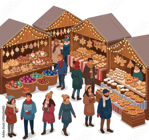 Illustration of people shopping and socializing at a festive Christmas Eve market with wooden stalls, colorful goods, and warm lighting.