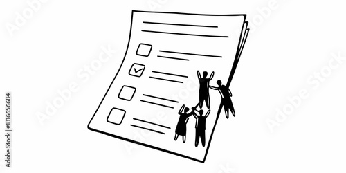 A checklist with a checkmark and people celebrating the completion of the task on the document