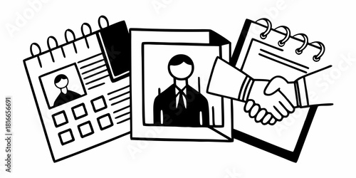 Illustration of a calendar, profile, and handshake representing business appointments and deals