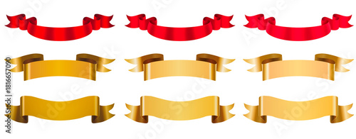 set of golden and red banners with ribbon  for decoration designs invitation card greeting offer discount business name project presentation gift card gift ribbon banner announcement reward prize 