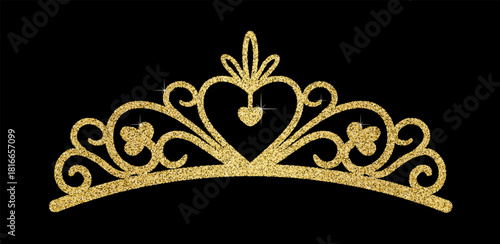 Elegant gold glitter tiara with heart motif, sparkling highlights and ornate swirl design. Luxury princess crown vector for invitation, party, decor, collage, stickers, and fashion print.