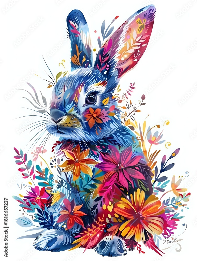 Fototapeta premium Vibrant colorful rabbit illustration with floral elements, featuring blue fur and bright pink, orange, and yellow flowers. Perfect for spring designs.