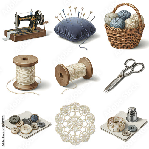 A detailed collection of vintage and modern sewing and craft supplies, perfect for handmade projects and textile artistry, showcasing the concept of traditional needlework and creative endeavors