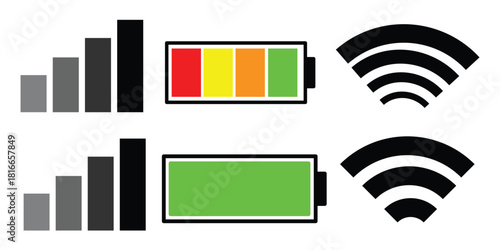 Mobile interface top bar icon set. iPhone ios notification bar includes: battery, wifi, signal icons