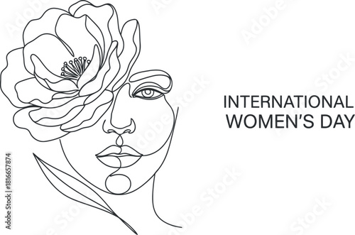 Elegant single line drawing of a woman s face with a flower for international women s day