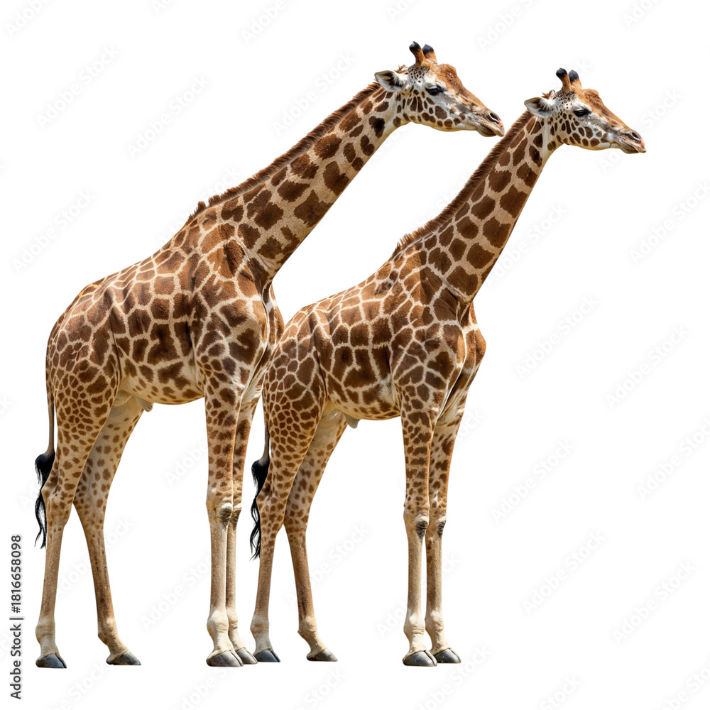 Naklejka premium Two giraffes standing together isolated on transparent background