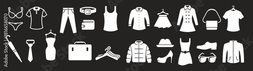 clothing store icons set white on a black background