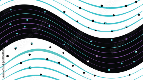 Abstract vibrant fluid wave pattern in contrasting black, white, cyan, and purple. features energetic lines and scattered dots, forming a modern, dynamic digital background.