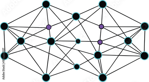Abstract digital network visualization with interconnected black and purple nodes representing data flow, complex systems, and artificial intelligence concepts on a clean background.