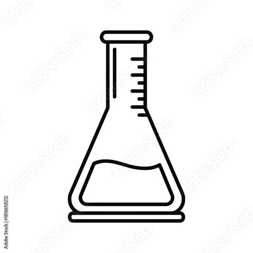 Simple line art icon of an erlenmeyer flask containing a small amount of liquid, isolated on
