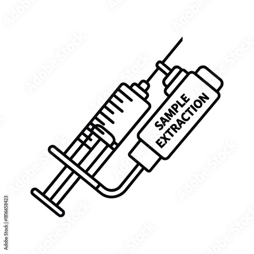 Outline icon of a syringe connected to a sample extraction cartridge for laboratory or medical procedure, isolated on