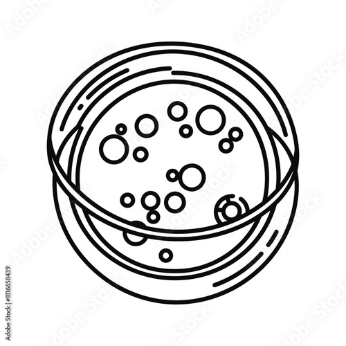 Outline icon of a petri dish containing various size circles representing bacteria or cell culture, isolated on