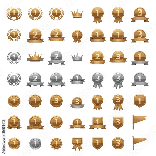 Collection of gold silver and bronze medals trophies and awards