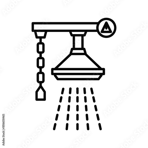 Black and white line icon of an industrial emergency safety shower with a pull chain, isolated on