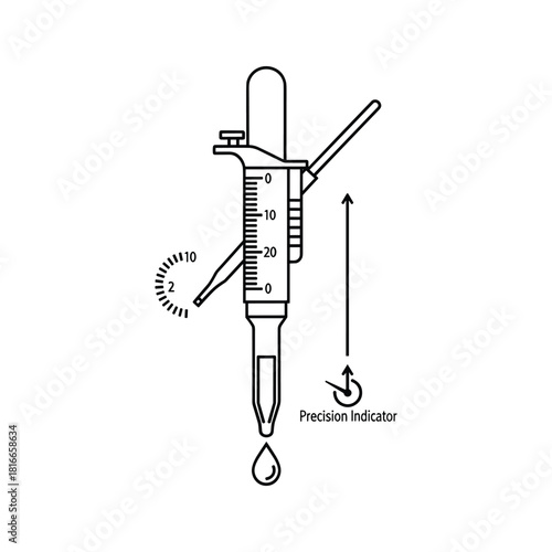 Line drawing illustration of a micropipette dispensing a drop of liquid with precision indicator shown