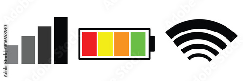 Mobile interface top bar icon set. iPhone ios notification bar includes: battery, wifi, signal icons